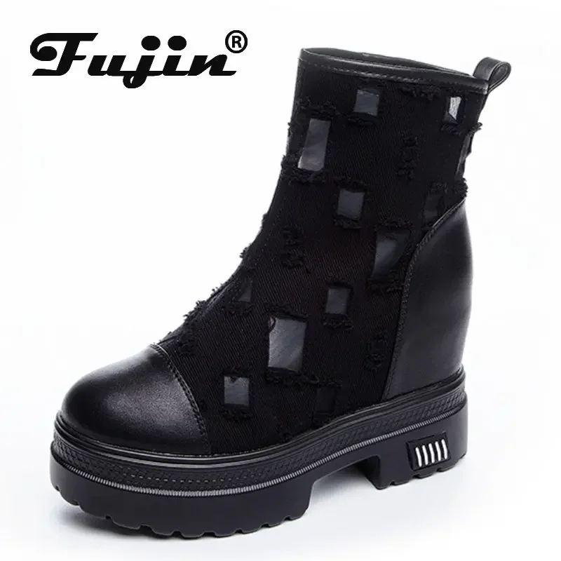 

Fujin 7.5cm Breathable Women Ankle Boots Platform Shoes Motorcycle Chunky Hidden Heel Motorcycle Boots Women Summer Shoes Boots