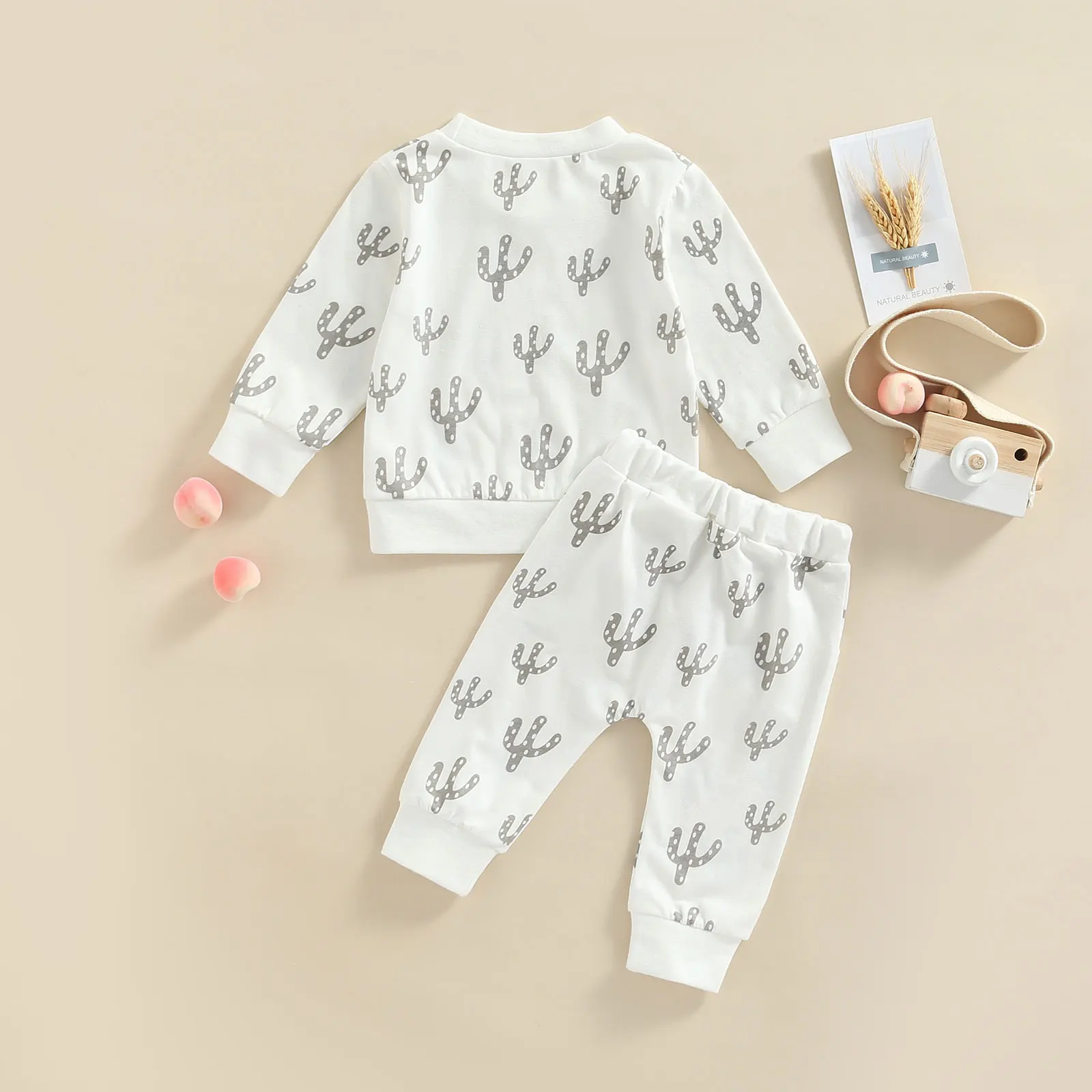0-3Years Toddler Baby Boy Girl Suit Set Cactus Print Round Neck Long Sleeve Tops Long Pants for Spring
