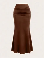 Solid Bodycon Ruched Long Skirt Women Sexy Black Elastic Elegant High Waist Mermaid Maxi Skirts Summer Streetwear - Image 6