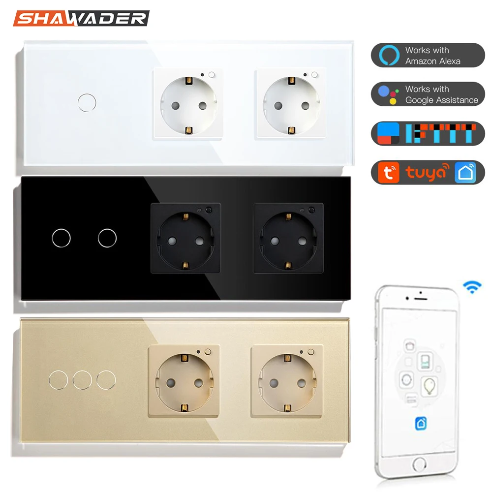 

WiFi Smart Wall Socket EU Outlets 1/2/3 Gang Light Switch Touch Crystal Glass Panel Wireless Remote by Alexa Google Home Tuya