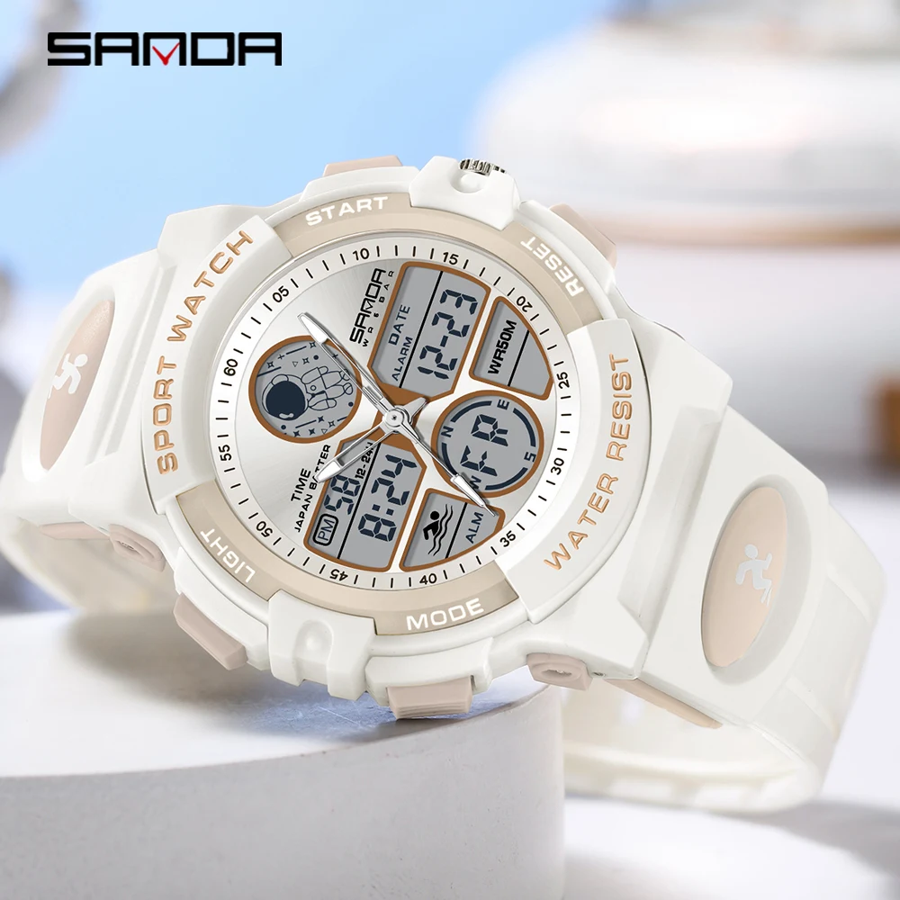 SANDA Fashion Sports Men's Watches Date LED Military Waterproof Electronic Quartz Wristwatch 2Time Stopwatch Alarm Digital Clock