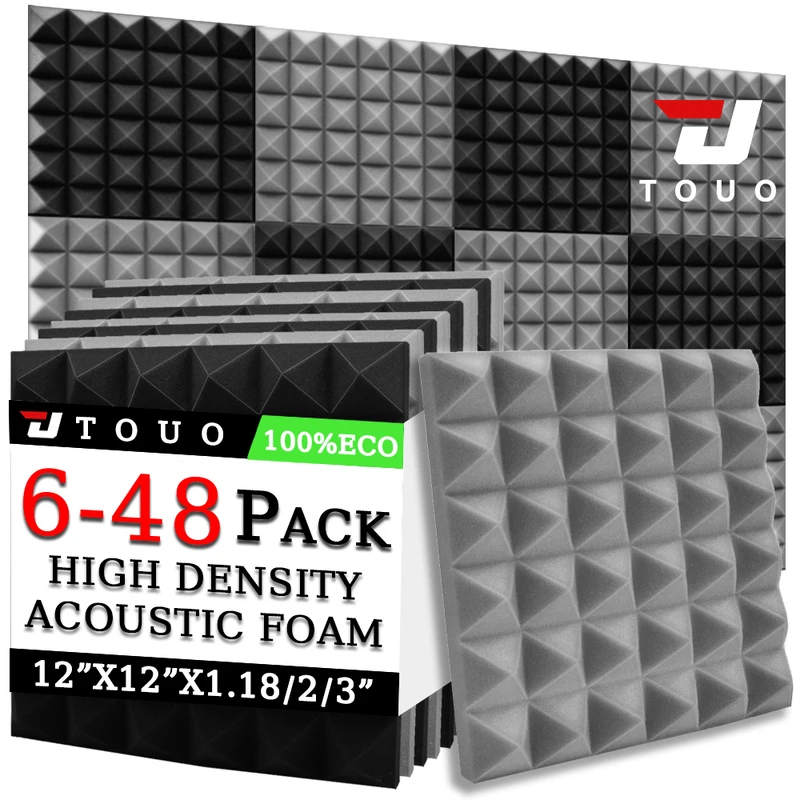TOUO 6-48 Pcs Pyramid Acoustic Foam Sound Insulation Treatment High-Density Acoustic Foams Panels Drum Room Treatment acoustic foam panels