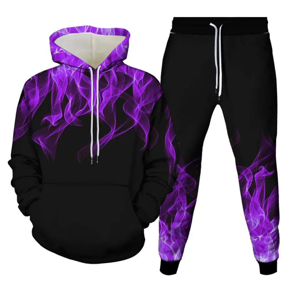 2023 Fashion 2 Piece Flame 3D Printing New Unisex Hoodie Jogging Pants Brand Men's Pullover Hooded Sweatshirt Couple Set
