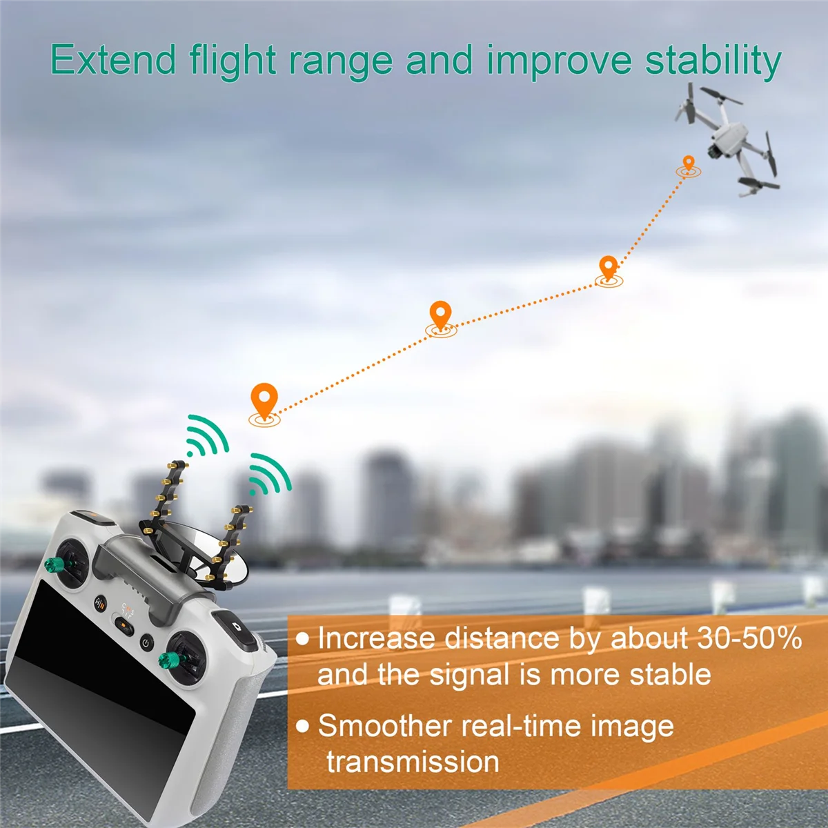 Vue rapprochée de l'amplificateur de signal d'antenne pour DJI Mini 3 Pro, avec câbles de connexion.