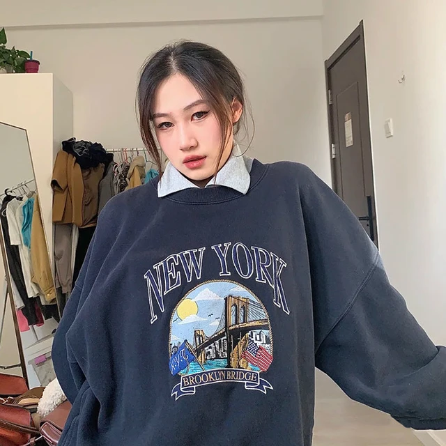 American Vintage New York Print Sweatshirt Women Crewneck Long Sleeve 2022  Spring Fashion Pullovers Loose Hoodies Dropshipping - Hoodies u0026 Sweatshirts  - AliExpress