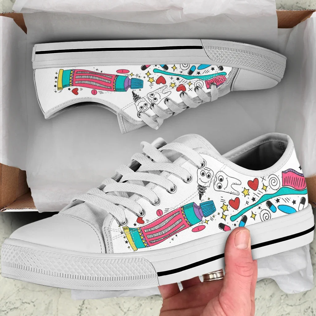 Cartoon Teeth Women Canvas Shoes White Rubber Sneakers Comfortable Breathable Flats Casual Footwear