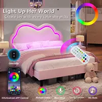 Full Bed Frame for Girls with Adjustable Cloud Headboard, Velvet Upholstered & RGB Lights, 7.1" Underbed Storage, Customized 3