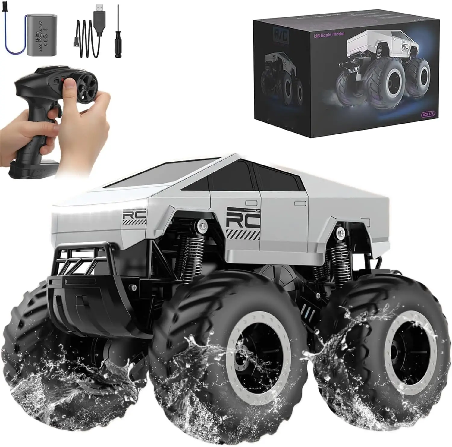 Camion RC 4WD Amphibie Tout Terrain - Batterie Lithium - Argent