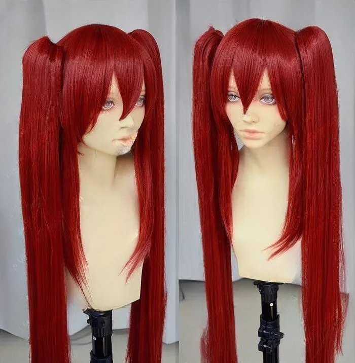 Popular Fairy Tail Scarlet Long Dark Red Straight Cosplay Wig + Two Clip on Ponytail
