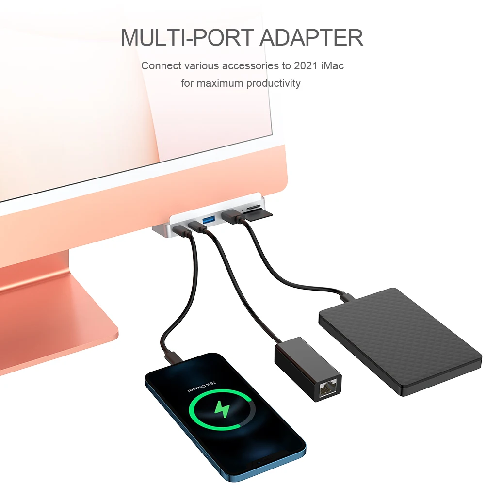 Qwiizlab USB C Hub 7-in-1 Adapter USB-C 10Gbps USB-A 5Gbps Card Readers 100MB/s HDMI 4K 60Hz, for iMac 24-inch M1/M3