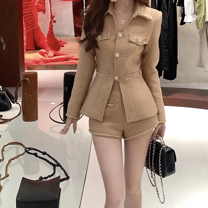 

Elegant Shorts Two Piece Set Women Vintage Autumn Winter Slim Tweed Jacket and Shorts Suits 2piece Clothes Matching Outfits