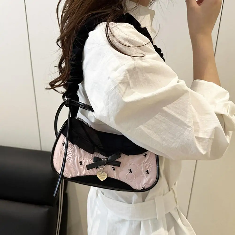 Borsa Hobo in Denim con Decorazioni in Pizzo a Quadretti, Borsa a Tracolla con Fiocco e Cuore, Borsetta Crossbody per Ragazze Stile Y2K - immagine 2