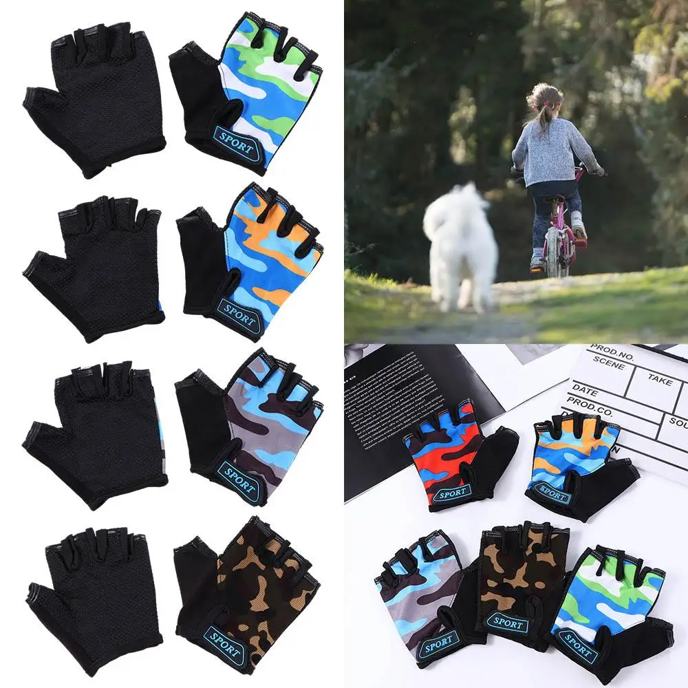 Elastic Breathable Hiking Anti-sweat Camouflage Bike Mittens Half Finger Golves Children Cycling Gloves Riding Equipment