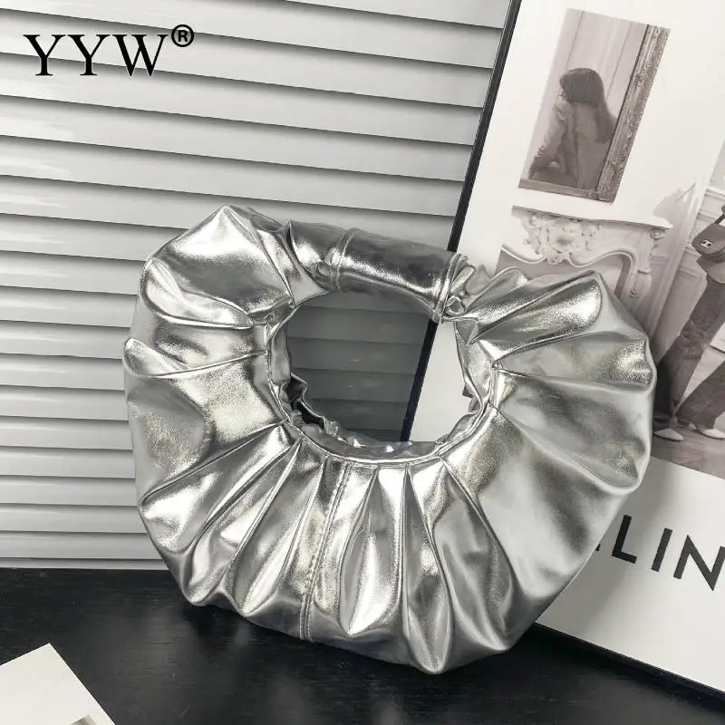 

New Pleated Circle Tote Bag Sliver PU Leather Women Elegant Clutchs Trendy Fashion Purse Orbicular Evening Femmme Luminous Bags