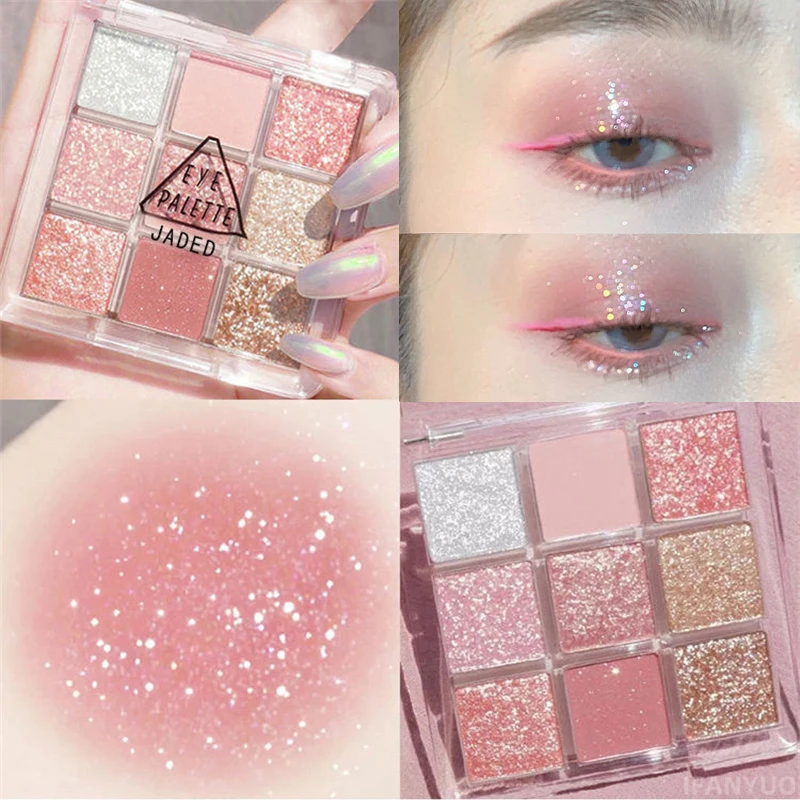 

9-Color Glitter Eyeshadow Palette Pink Pearly Eyeshadow Palette Korean Charming Eye Makeup Palette Shiny Eye Shadow Eye Pigments