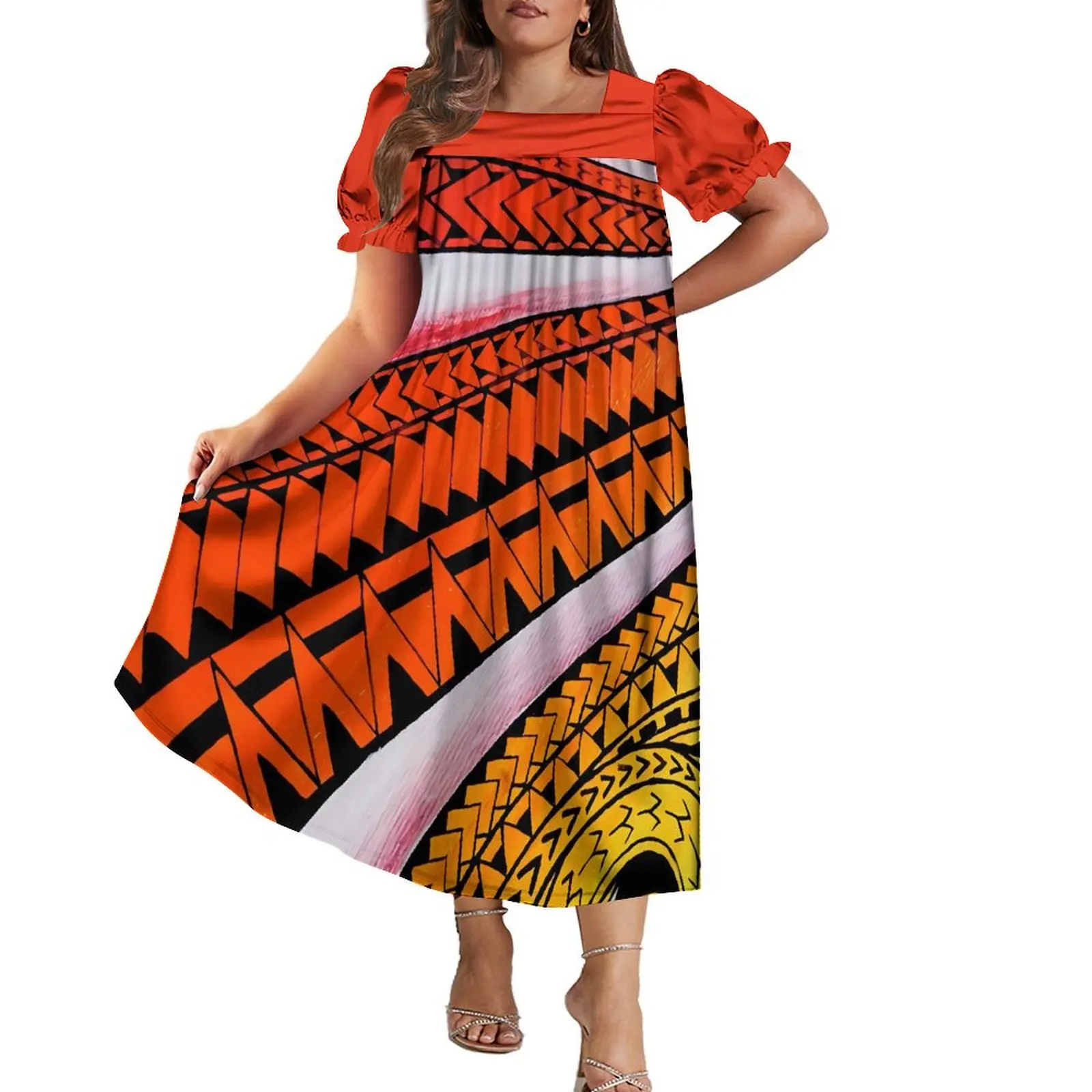 GLUDEAR Women's Polynesian Tribal Print Summer Dress - Bohemian Short Sleeve Flowy Sundress - View #5