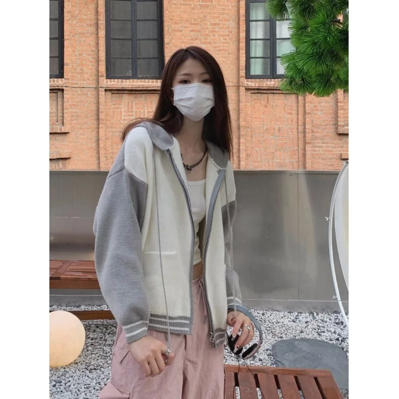 스웨터 여성, 2022 년 가을 신제품, 느슨한 슬리밍 후드, 컬러 매칭 스포츠 센스 가디건, 긴 소매 겉옷, 다목적 패션