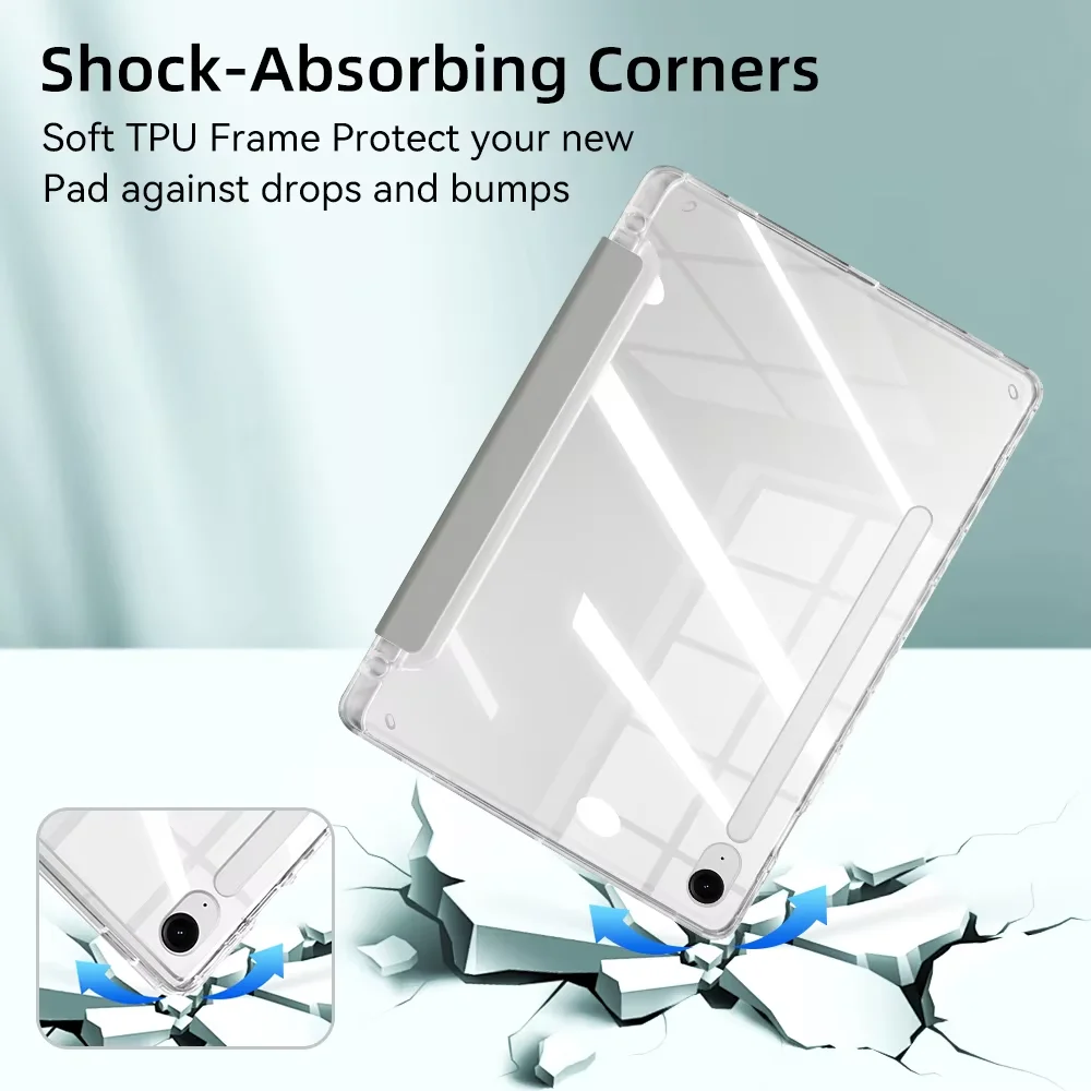 Y Fold Clear Acrylic Tablet Case with Pencil Holder and Auto Sleep/Wake Cover