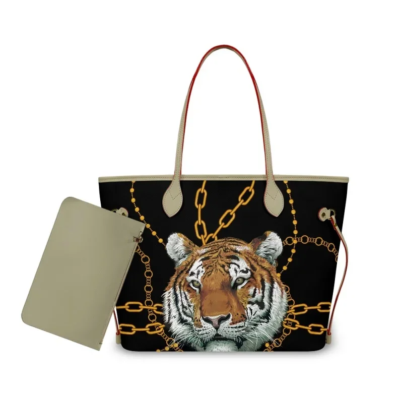 

2023 Yikeluo Baroque Tiger Chain Print Shoulder Casual Female Bucket Women Big Capacity Totes Beach Handbag Child Mom Mother Bag