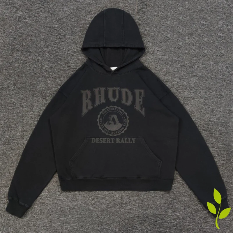 

Rhude Hoodies Letter Badge Printed Hoodie Sweatshirts Washed Black Make Old Cotton Men's and Women's Autumn and Winter Pullovers