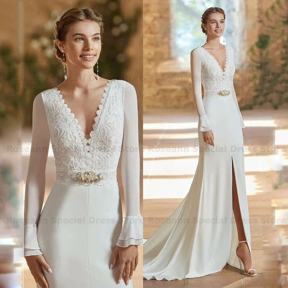

2023 Gorgeous Mermaid Bridal Dresses Lace Applique Sexy V-neck Side Split Long Sleeve Princess Wedding Gowns Formal Beach Party