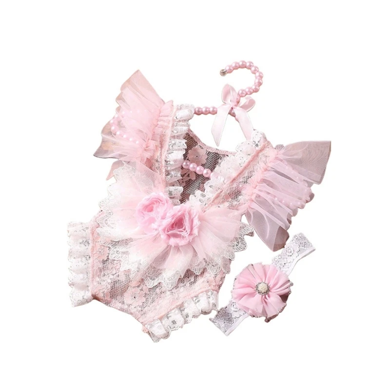 

Newborn Photo Props Flower Headband Backless Jumpsuit Posing Clothes Baby Photography Suit Infant Photo Wear Costume