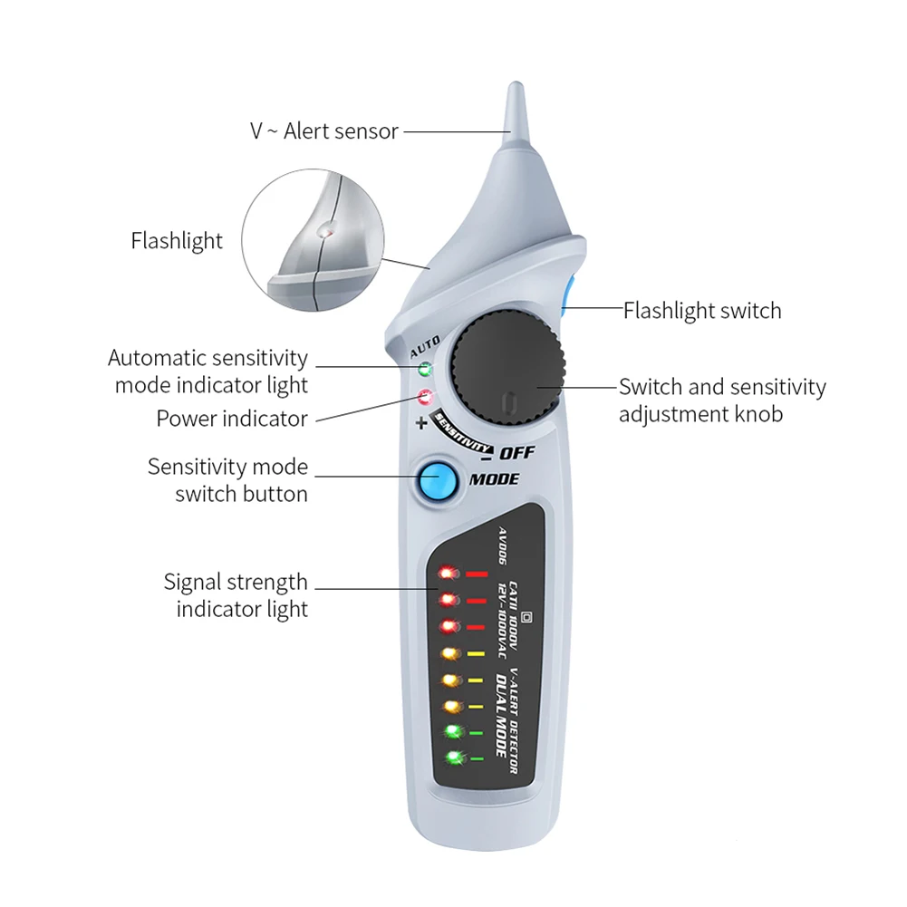 AVD06 어두운 곳용 LED 손전등이 있는 비접촉식 전압 감지기 AC 12V1000V 5분 후 자동 종료