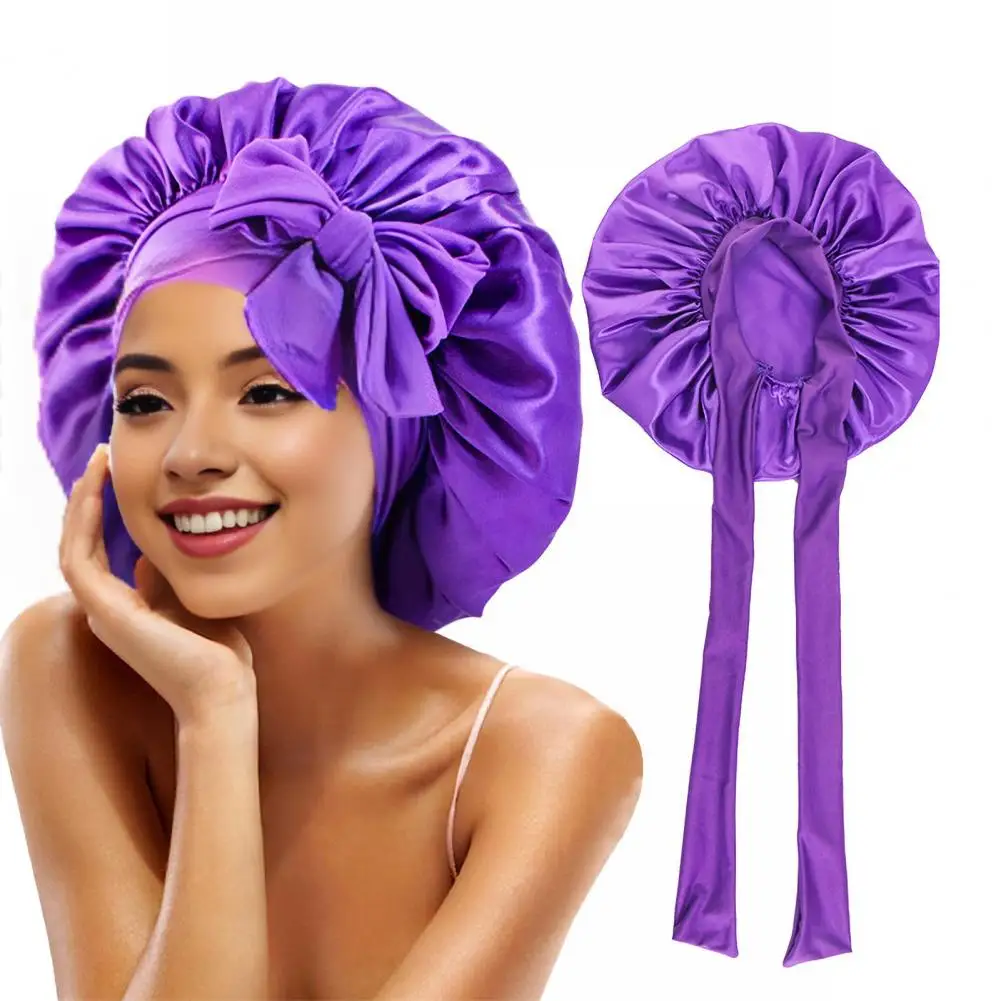 Women Shower Cap Sleeping Satin Bonnet Lace-up Bow Waterproof Women Braids Curly Night Hat Beauty Parlor Cap Salon Hat 2