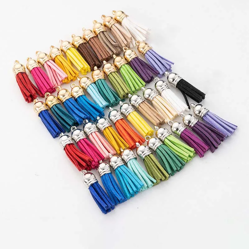 

10pcs 35mm Leather Tassel Charms Gold Silver Cap Earring Fringe Keychain Pendant Straps Suede Tassels Diy Jewelry Accessories