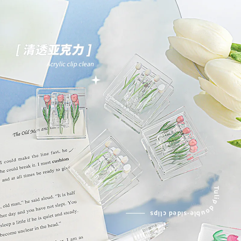 Paper Clips 1Pc Tulips File Folder Cute Small Clip Transparent DIY Acrylic Simple Color Clip Student Stationery Supplies Kawaii