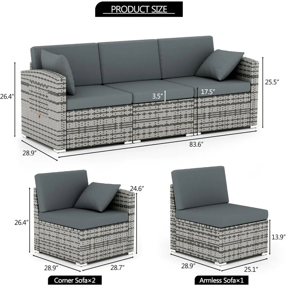3 Pieces Patio Furniture Set, PE Rattan Sectional Sofa with Cushions, All-Weather Wicker Modular Couch, Outdoor Conversa 2