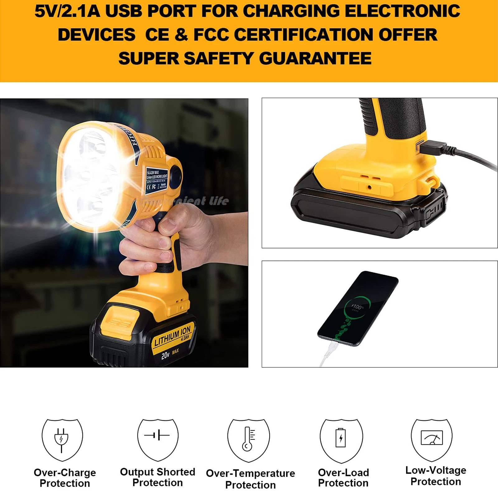 1120LM Flashlight Spotlight for Dewalt 14.4V-20V Battery Cordless LED Work Light