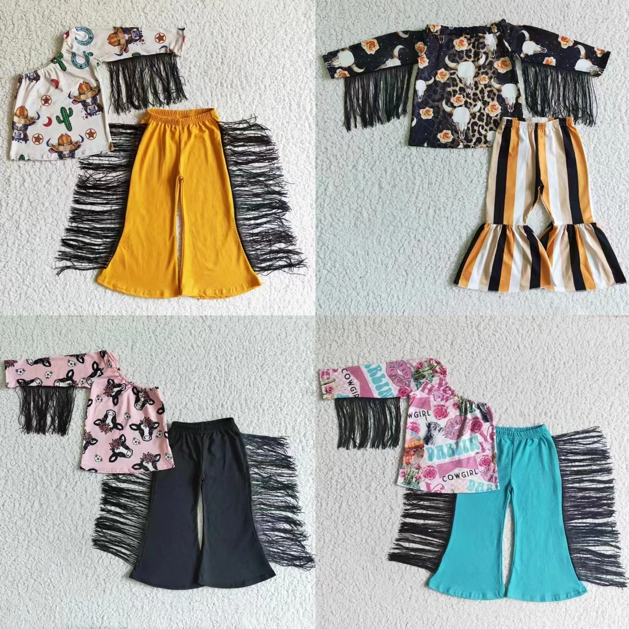 Commercio All'Ingrosso Western Cow Print Kids Boutique Clothes Neonata Maniche Lunghe Nappa Top Bell Pants Toddler Set Children Outfit