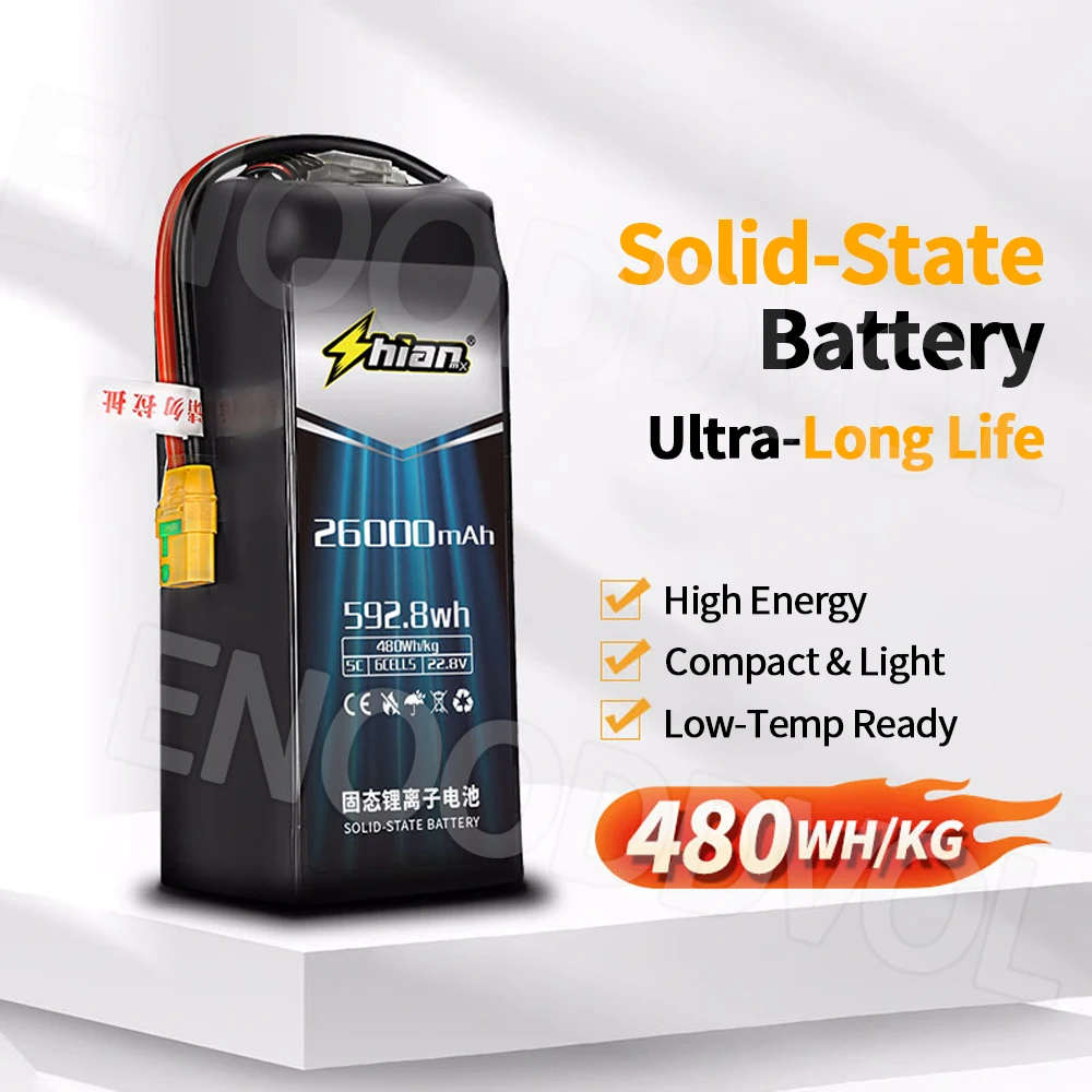 Batterie Drone 26000mAh 6S 5C posée à côté d'un drone FPV, illustrant sa taille adaptée aux vols longue durée.