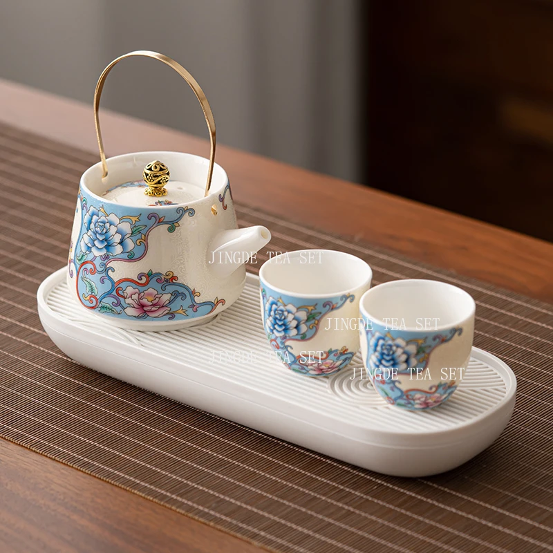 Enamel Cloisonn É Silver Tea Set High End Household Set of 1 Pot and 2 Cups Small Ceramic Kung Fu Teapot Tea Cup for Two People