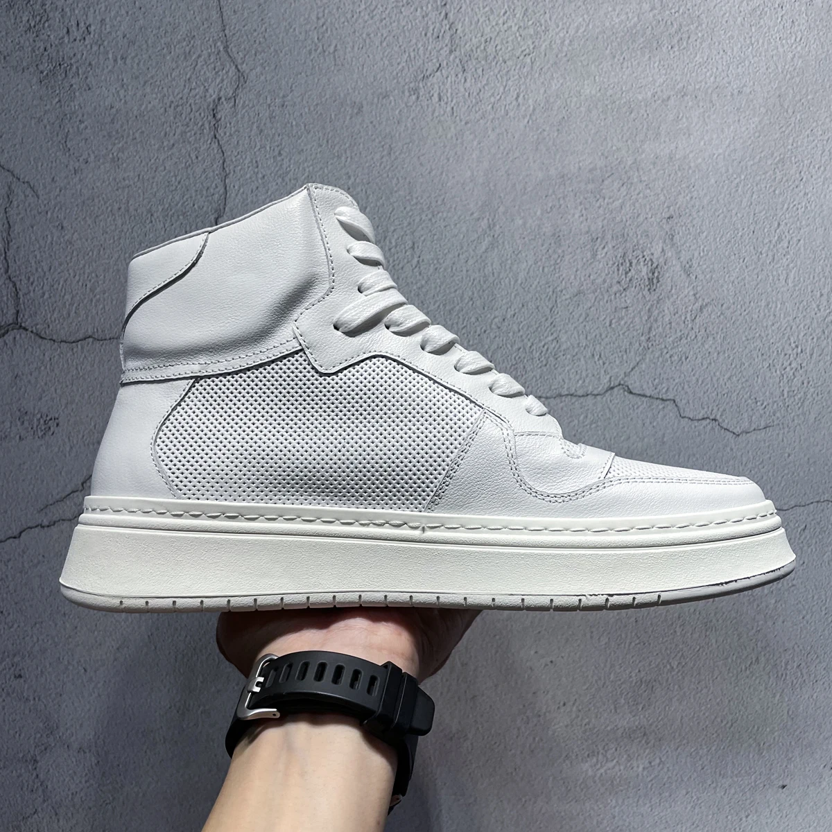 

Owen Seak Men Riding Boots High-TOP Ankle Genuine Leather Sneakers Luxury High Street Casual Lace-up Zip Flats White Shoes