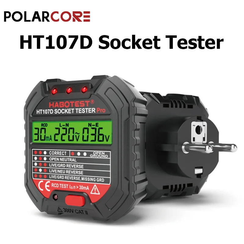 HT107D 소켓 테스터 디지털 플러그 AC 전압 감지 RCD 테스트 소켓 감지기, EU 플러그 그라운드 제로 라인 플러그 극성 위상 검사