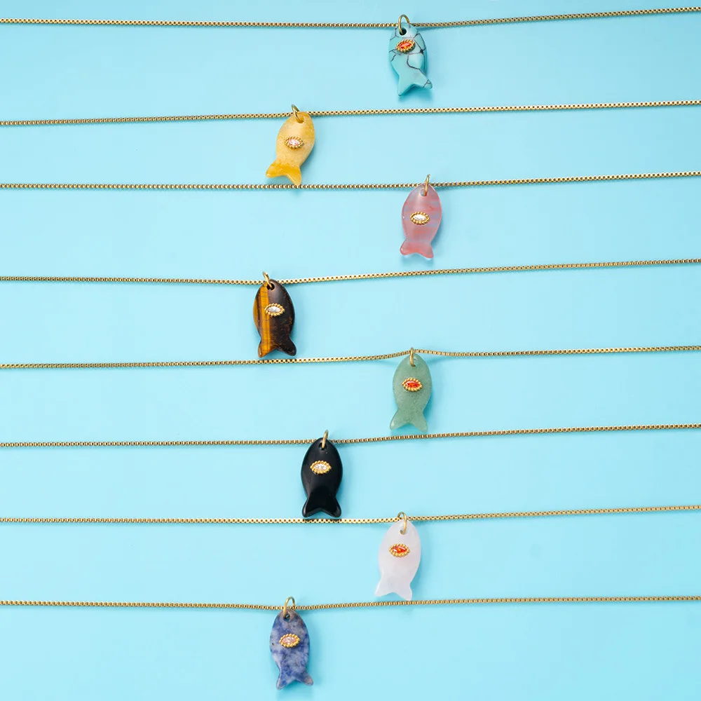 Multi-color Natural Stone Tiny Fish Pendant Neckalce Stainless Steel 18K Gold Plated Box Chain Opal Zircon Evil Eye Jewelry Gift