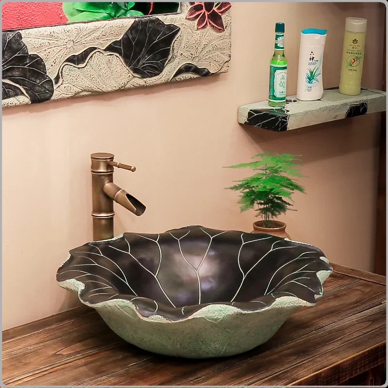 

Modern Chinese classical minimalist wash basin above counter hotel bathroom balcony art washbasin lotus leaf LW01016547