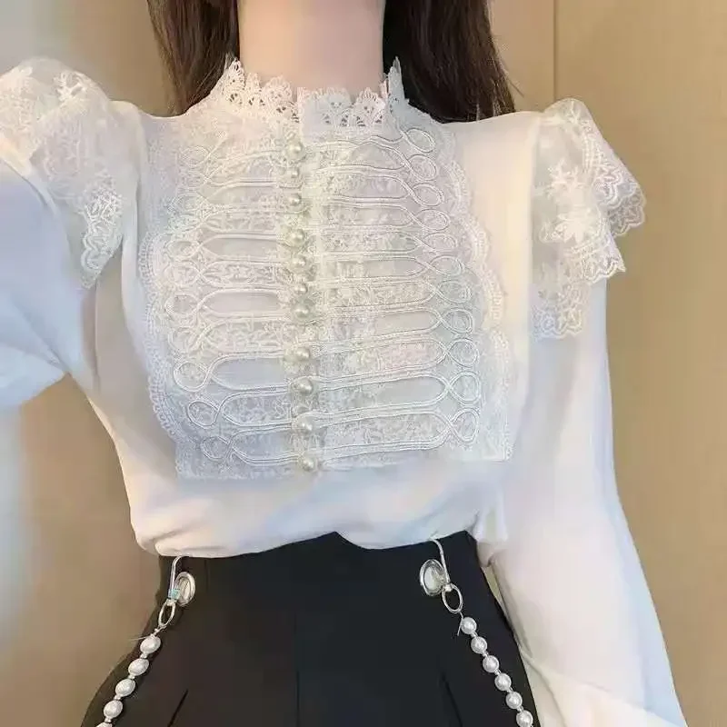 

Женская винтажная рубашка, с кружевным воротником-стойкой, расшитая бисером, с длинным рукавом, свободная, женская блуза с оборками