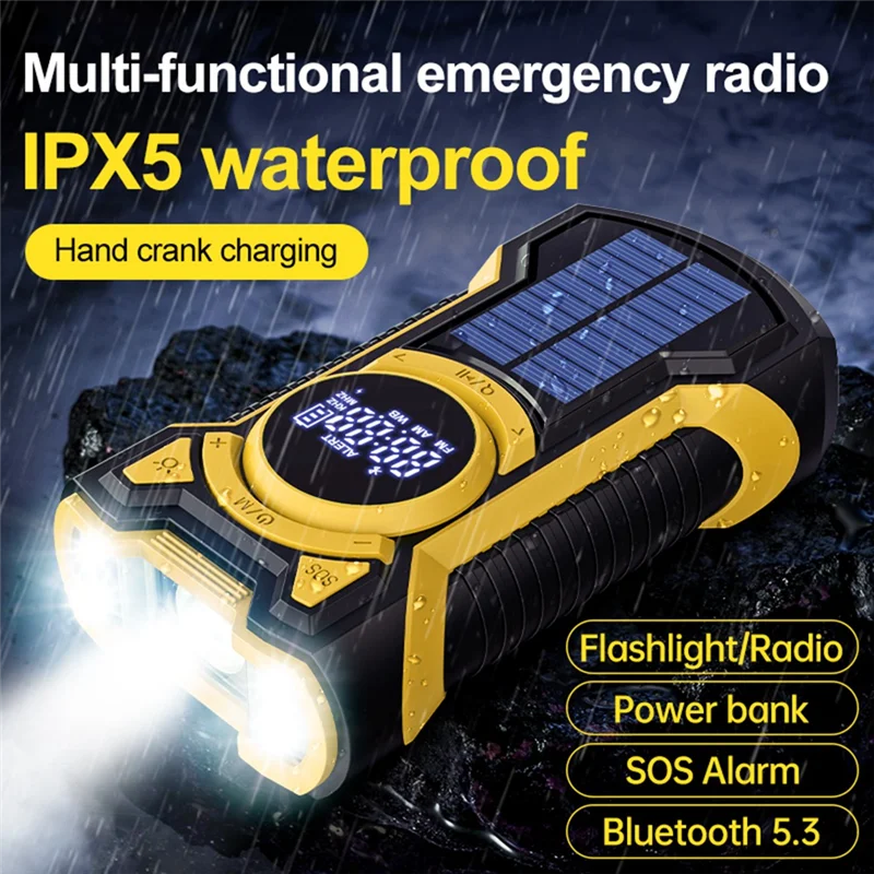 B03B-핸드 크랭크 휴대용 AM/FM/NOAA 날씨 라디오(LED 손전등 포함) Bluetooth 5.0 스피커-C