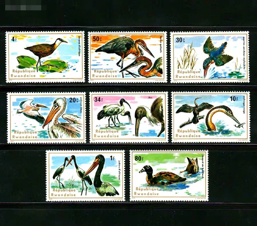 All New Rwanda Post Stamps Postage Year 1975 Wild Birds Waterbird 8 New Collectible Postage Stamps MNH Material For Scrapbooking