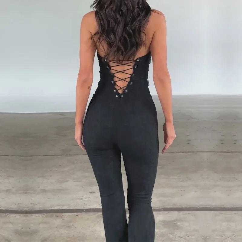Women's Deep V-neck Sexy Spicy Girl Jumpsuit Lace Up Open Back Jumpsuit Off Shoulder Sportswear Long Horn Pants 2024 New YDL17