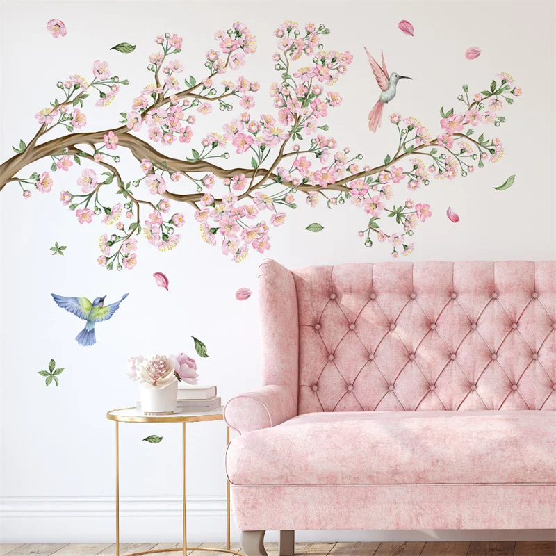 Cherry Blossom Wall Sticker Home Decor Living Room Spring Girls Bedroom Bird Flower Decal Pink Children's Room Wallpaper Muraux