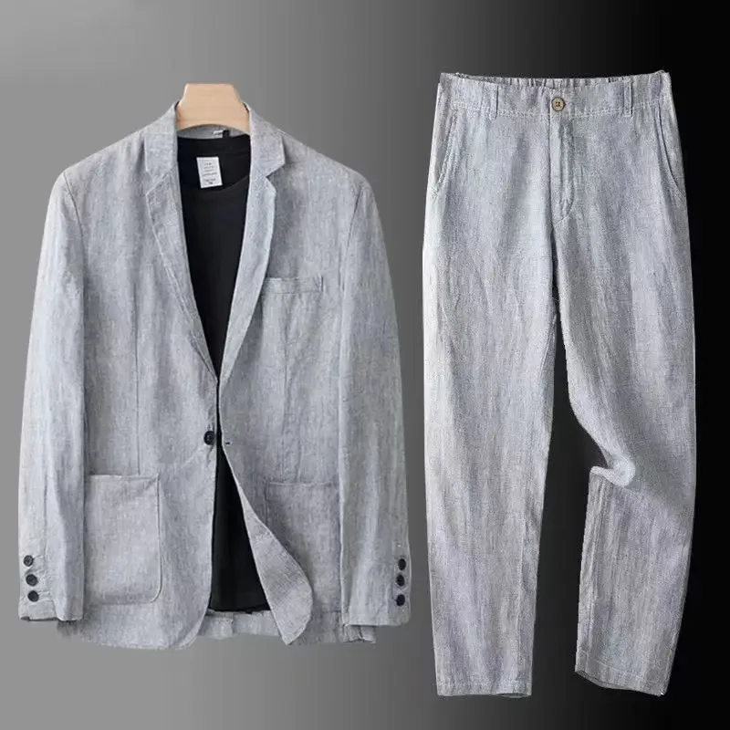 

Spring Autumn Fashion Men Linen Two-piece Set Blazer Jacket + Pants Solid Slim Fit Casual Business Thin Clothing Breathable Suit