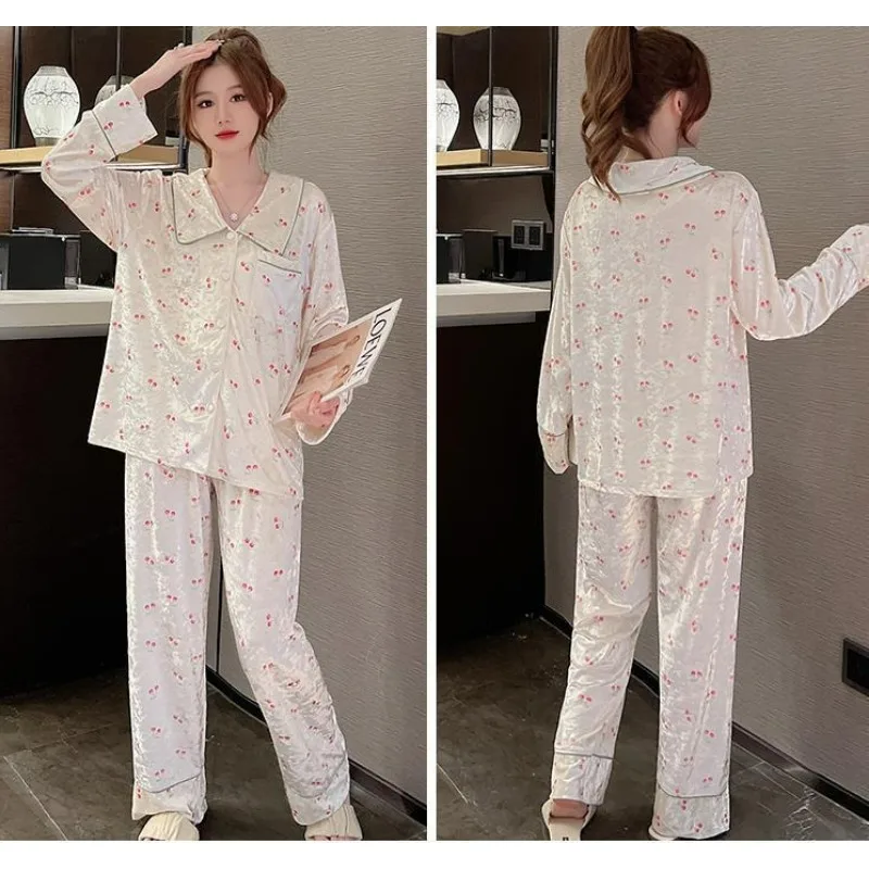 Gold Velvet Pajamas Autumn Winter Women Sweet High-End Floral Homewear Suit Female Casual Long Sleeve Pants Nightclothes Suit