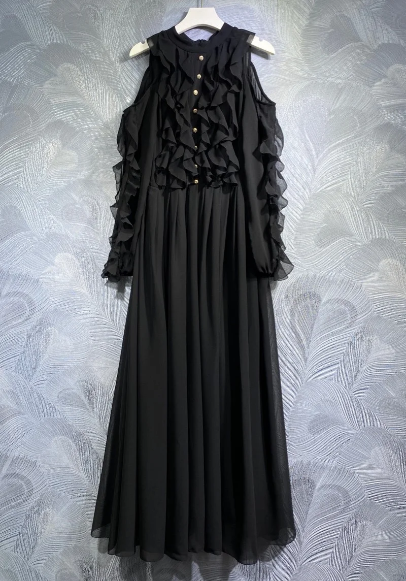 

Top Quality New Black Long Dress Women Ruffle Floral Button Deco Long Sleeve Casual Party Evening Elegant Dress Maxi Vestidos