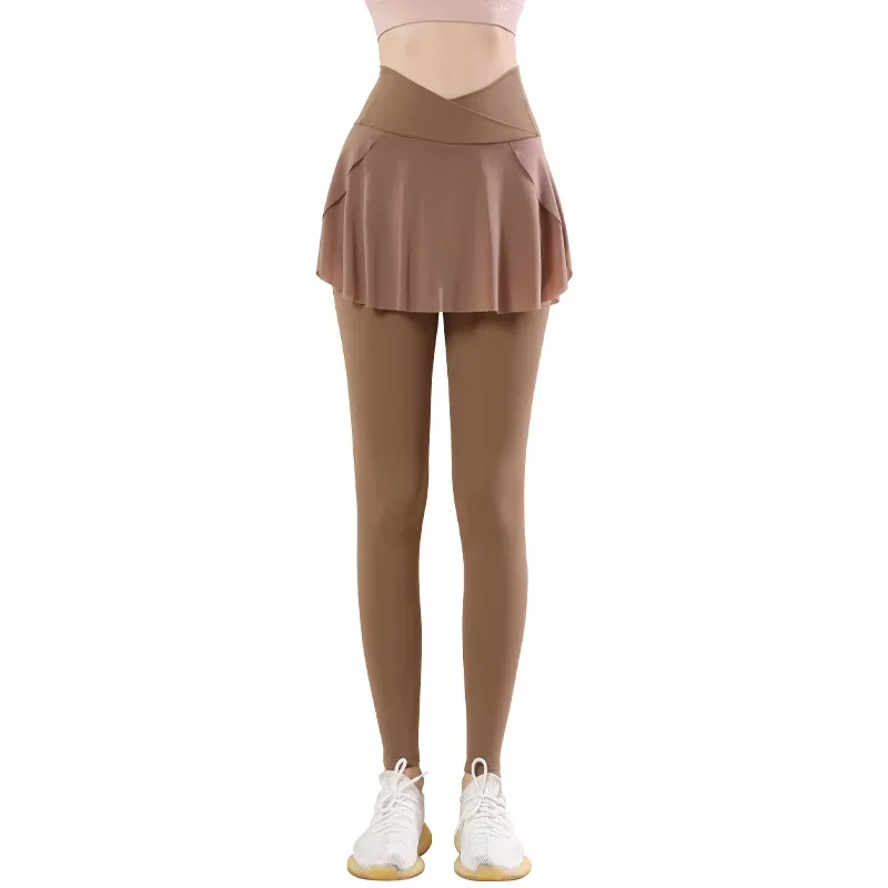 Women's Two-Piece Illusion leggings Autumn/Winter High-Waisted Push-Up Sports Running Tight Dance Skirt Anti-Exposure Quick-Dry