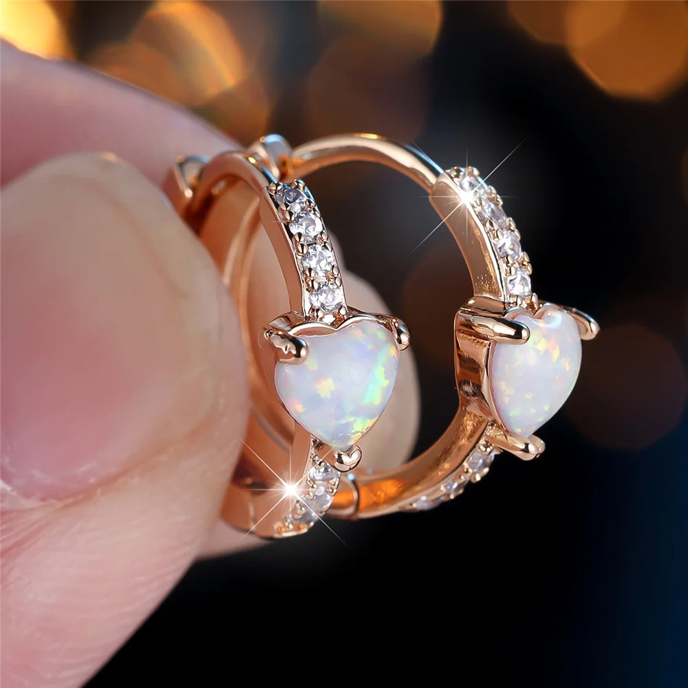 Trendy Crystal White Blue Opal Stone Love Heart Hoop Earrings For Women Vintage Gold Silver Color Wedding Jewelry