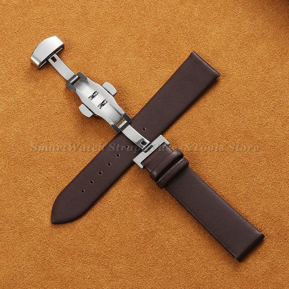 Premium Ultra-Thin Genuine Leather Watch Strap with Soft Cowhide Band and Butterfly Clasp